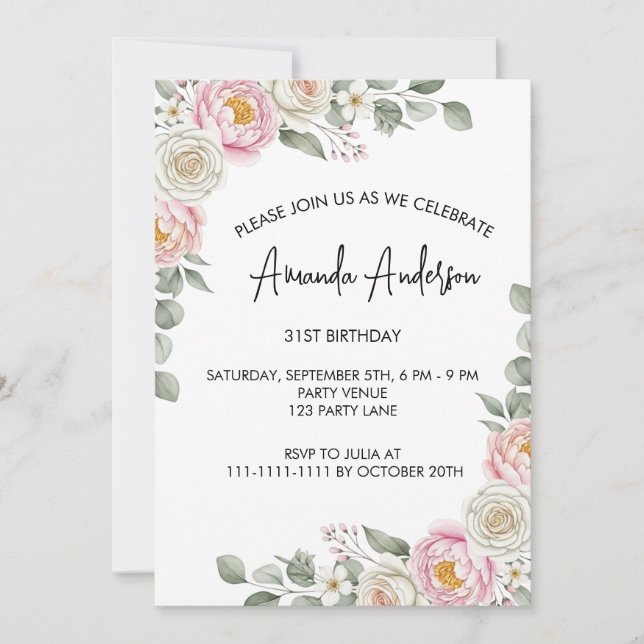 Invitación Elegant Blush Floral Watercolor Birthday  (Anverso)