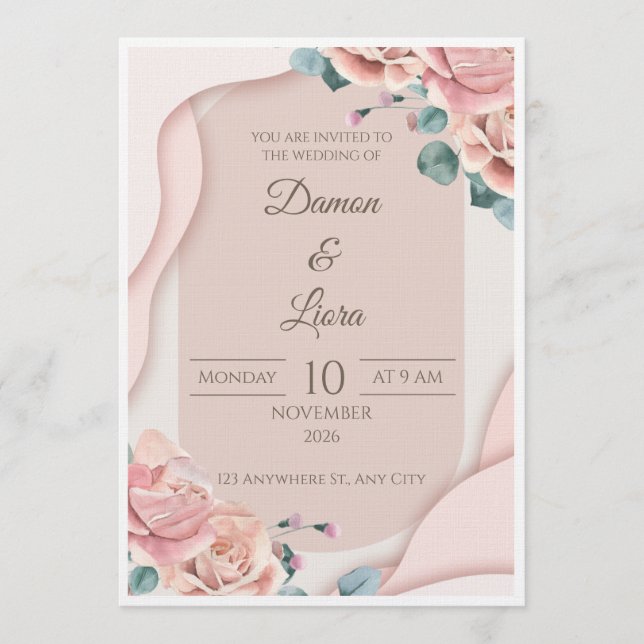 Invitación Elegant Blush Floral Wedding Invitation Template (Anverso)