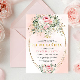 Invitación Elegant Blush & Gold Boho Quinceañera Floral Invit