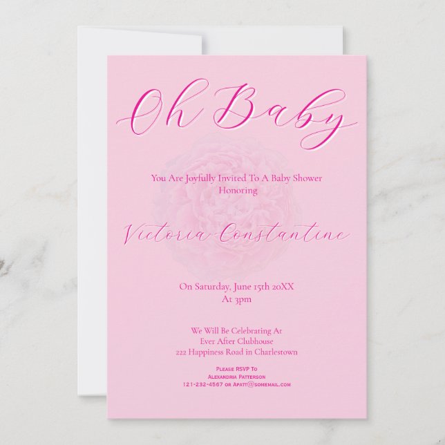 Invitación Elegant Blush & Hot Pink "Oh Baby" Script Peony  (Anverso)