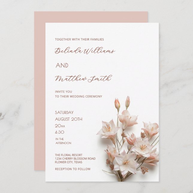 Invitación Elegant Blush Pink 3D Flowers  (Anverso / Reverso)