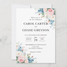 Invitación Elegant Blush Pink & Blue Floral Wedding