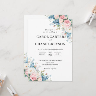 Invitación Elegant Blush Pink & Blue Floral Wedding