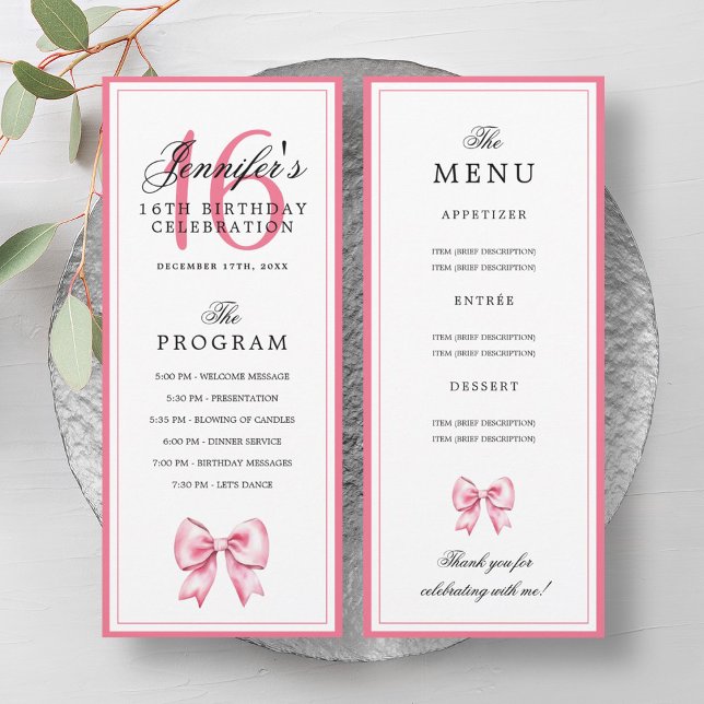 Invitación Elegant Blush Pink Bow 16th Birthday Program Menu  (Elegant Blush Pink Bow 16th Birthday Program Menu)