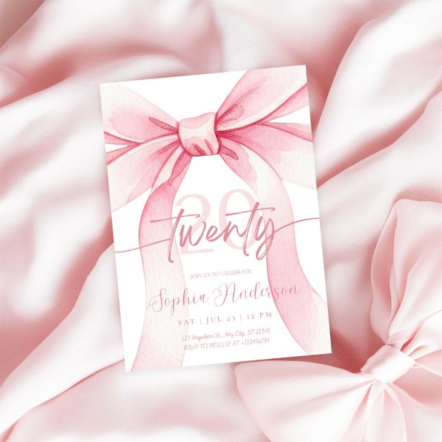 Invitación Elegant Blush Pink Bow 20th Birthday (Subido por el creador)