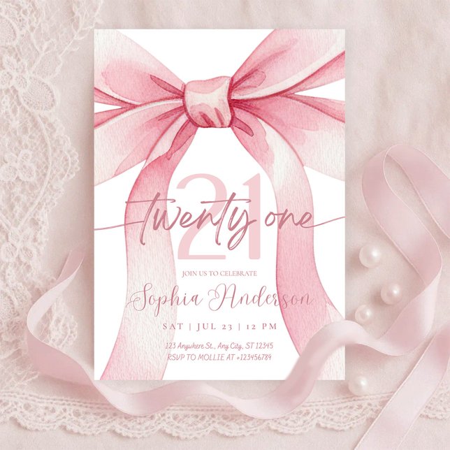 Invitación Elegant Blush Pink Bow 21th Birthday (Subido por el creador)