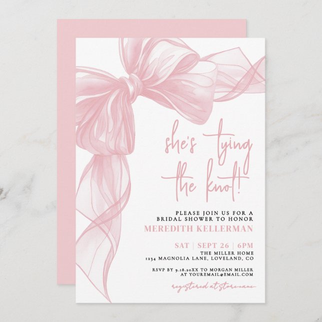 Invitación Elegant Blush Pink Bow Bridal Shower (Anverso / Reverso)