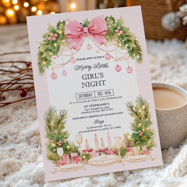 Invitación Elegant Blush Pink Bow Christmas Girls Night  (Subido por el creador)