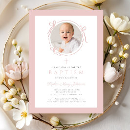 Invitación Elegant Blush Pink Bow Photo Baptism