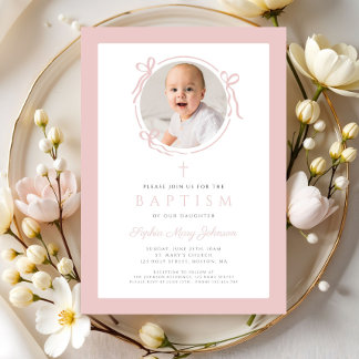 Invitación Elegant Blush Pink Bow Photo Baptism