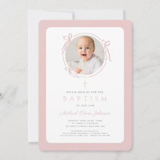 Invitación Elegant Blush Pink Bow Photo Girl Baptism