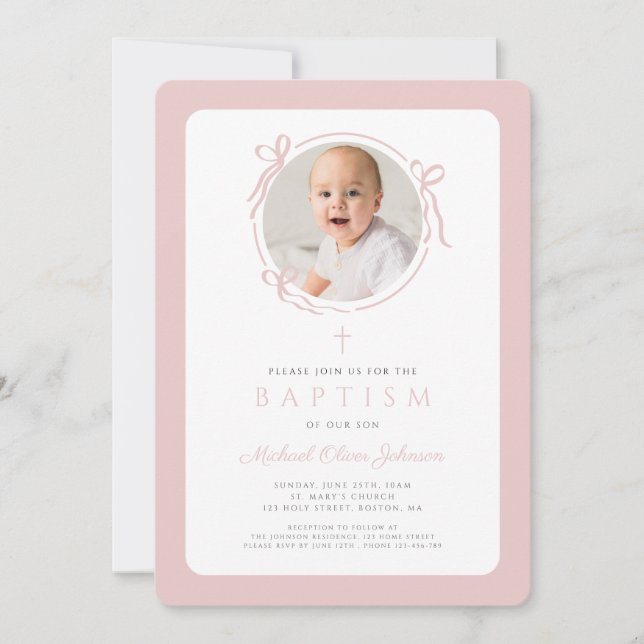 Invitación Elegant Blush Pink Bow Photo Girl Baptism (Anverso)