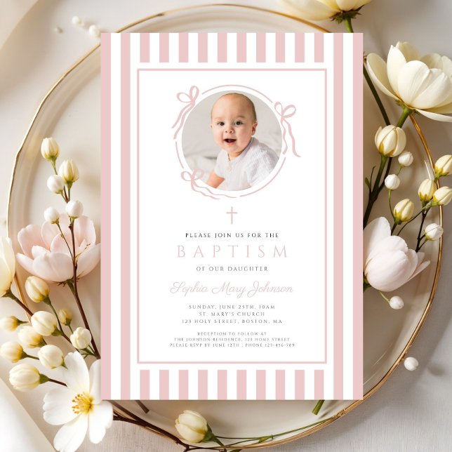 Invitación Elegant Blush Pink Bow Photo Girl Baptism (Elegant Blush Pink Bow Photo Girl Baptism Invitation)