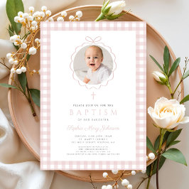 Invitación Elegant Blush Pink Bow Photo Girl Baptism