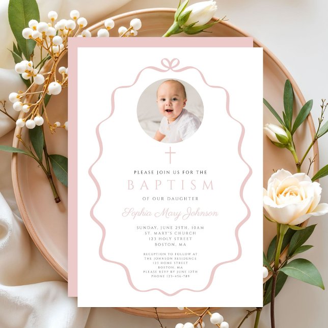 Invitación Elegant Blush Pink Bow Photo Girl Baptism (Elegant Blush Pink Bow Photo Girl Baptism Invitation)