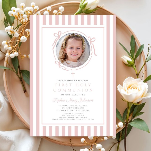 Invitación Elegant Blush Pink Bow Photo Girl First Communion (Elegant Blush Pink Bow Photo Girl First Communion Invitation)