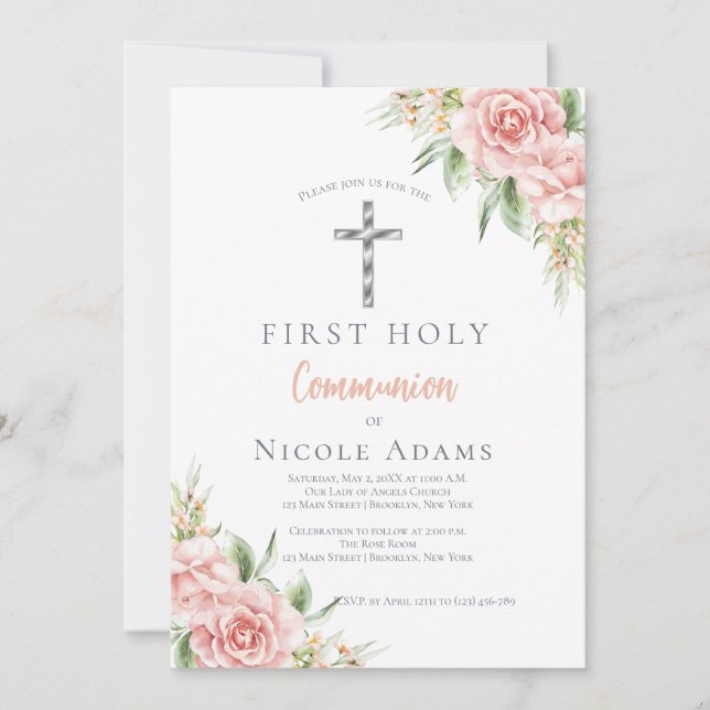 Invitación Elegant Blush Pink Floral First Holy Communion (Anverso)