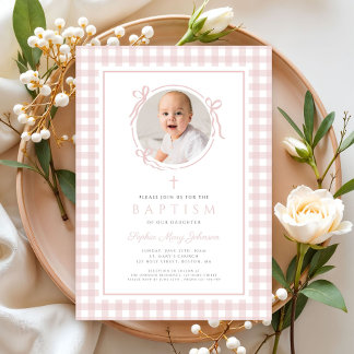 Invitación Elegant Blush Pink Gingham Photo Girl Baptism
