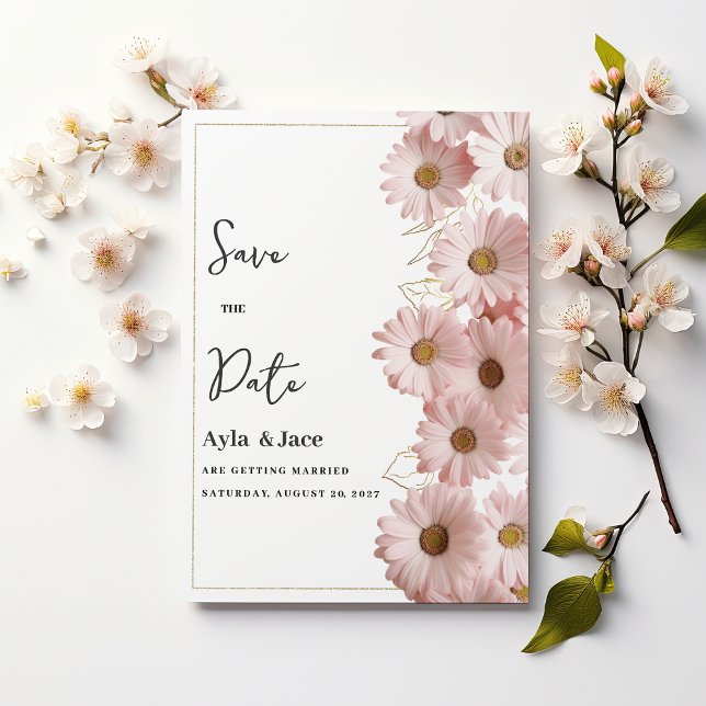 Invitación Elegant blush pink gold daisy floral Save the Date (Elegant blush pink gold daisy floral Save the Date)