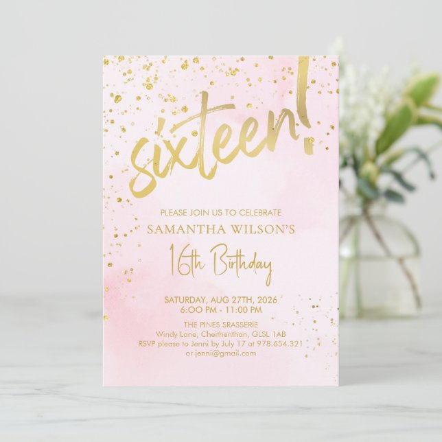 Invitación Elegant Blush Pink & Gold Sixteen Birthday (Anverso de pie)