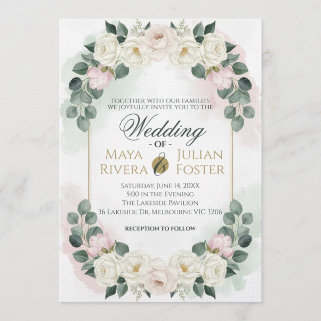 Invitación Elegant Blush Pink & Green Floral Wedding Invitati (Anverso)
