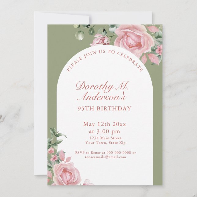 Invitación Elegant Blush Pink Roses 95th Birthday Party  (Anverso)