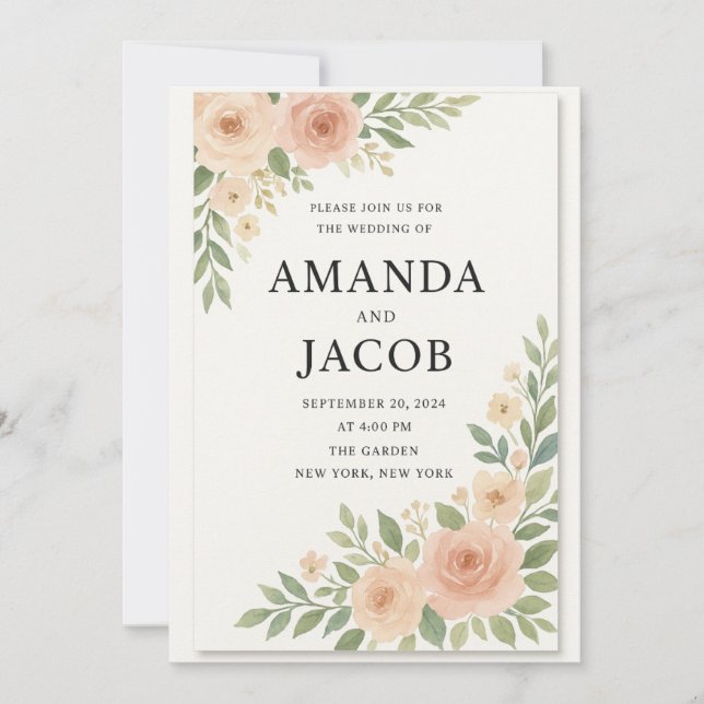 Invitación Elegant Blush Watercolor Floral Wedding Invitation (Anverso)