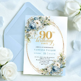 Invitación Elegant Bohemian Blue White Floral Gold 90th Bday