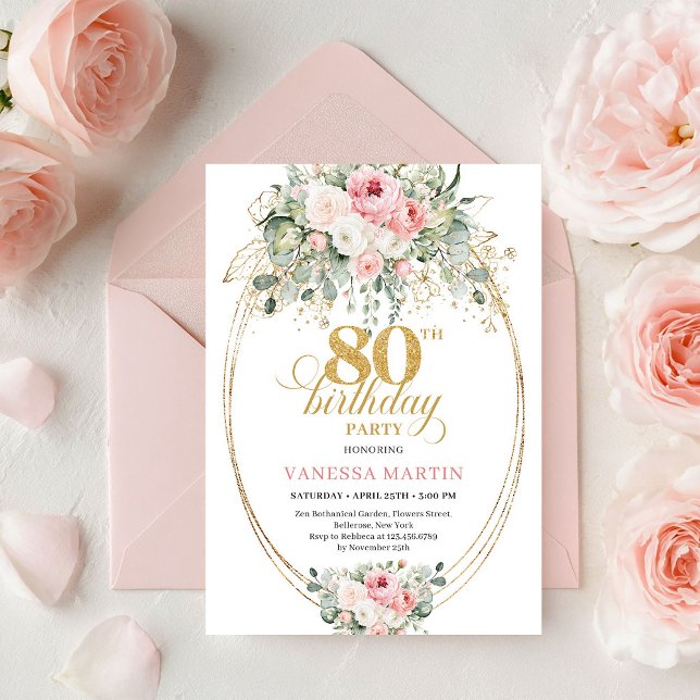 Invitación Elegant Bohemian Blush Roses 80th Birthday Invite (Elegant Bohemian Blush Roses 80th Birthday Invite)