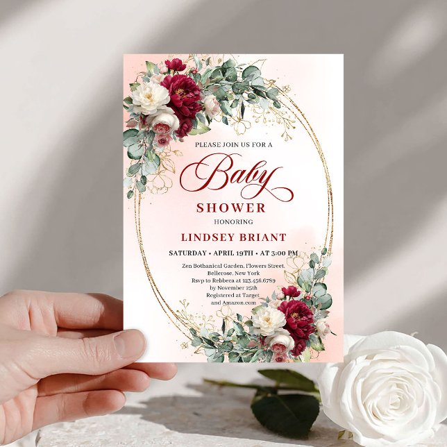 Invitación Elegant Bohemian Burgundy Eucalyptus Baby Shower (Elegant Bohemian Burgundy Eucalyptus Baby Shower)
