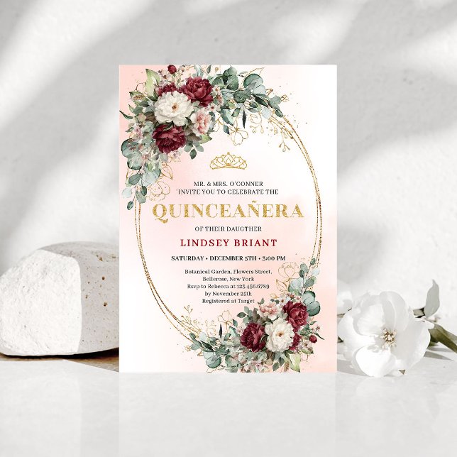 Invitación Elegant Bohemian Burgundy Floral Gold Quinceañera (Elegant Bohemian Burgundy Floral Quinceañera Invite)