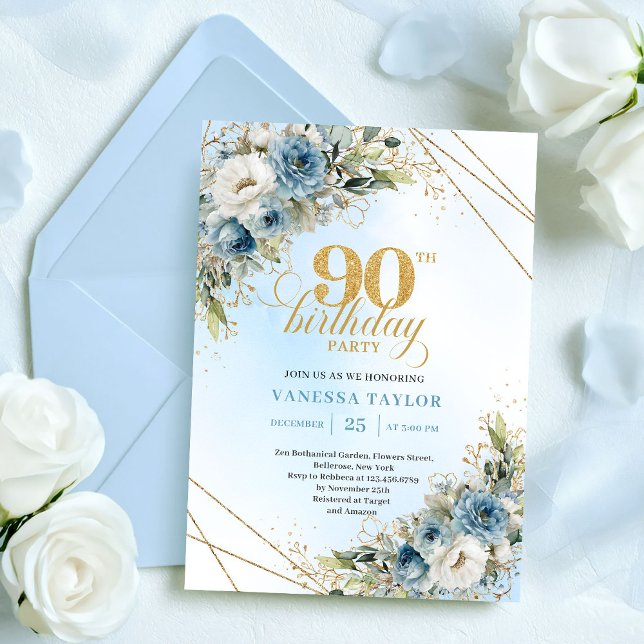 Invitación Elegant Bohemian Dusty Blue White Floral 90th Bday (Elegant Bohemian Dusty Blue White Floral 90th Birthday)