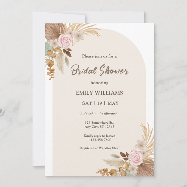 Invitación Elegant Bohemian Floral Pampas Grass Bridal Shower (Anverso)