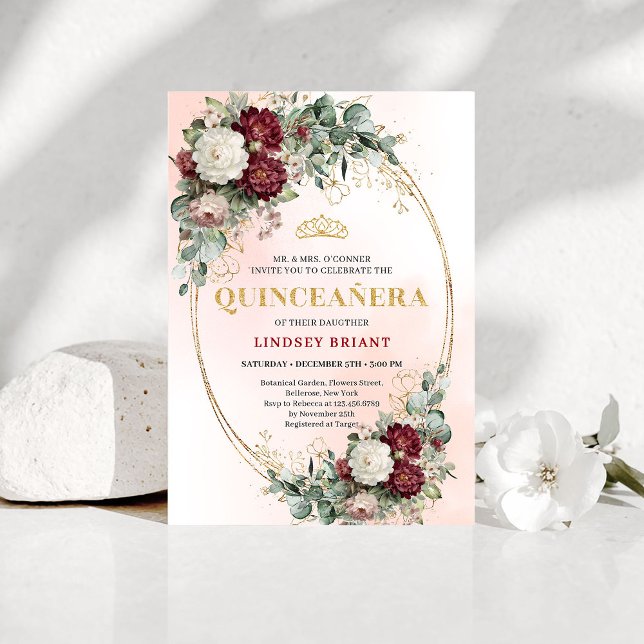 Invitación Elegant Bohemian Marsala Flowers Gold Quince (Elegant Bohemian Marsala Flowers Gold Quince Invitation)