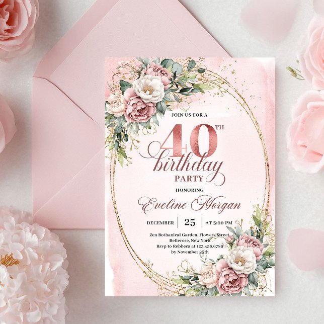 Invitación Elegant Bohemian Powder Pink Flowers 40th Birthday (Elegant Bohemian Powder Pink Flowers 40th Birthday Invitation)