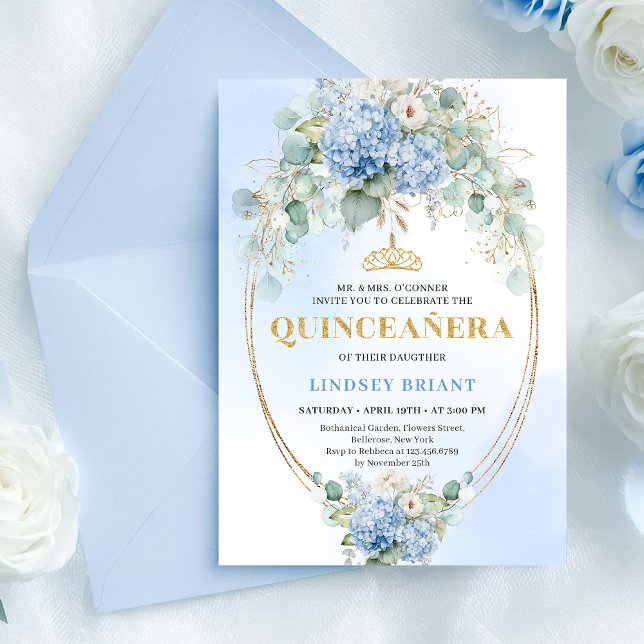 Invitación Elegant Boho Blue Hydrangeas Quinceañera Invite (Elegant Boho Blue Hydrangeas Quinceañera Invite)