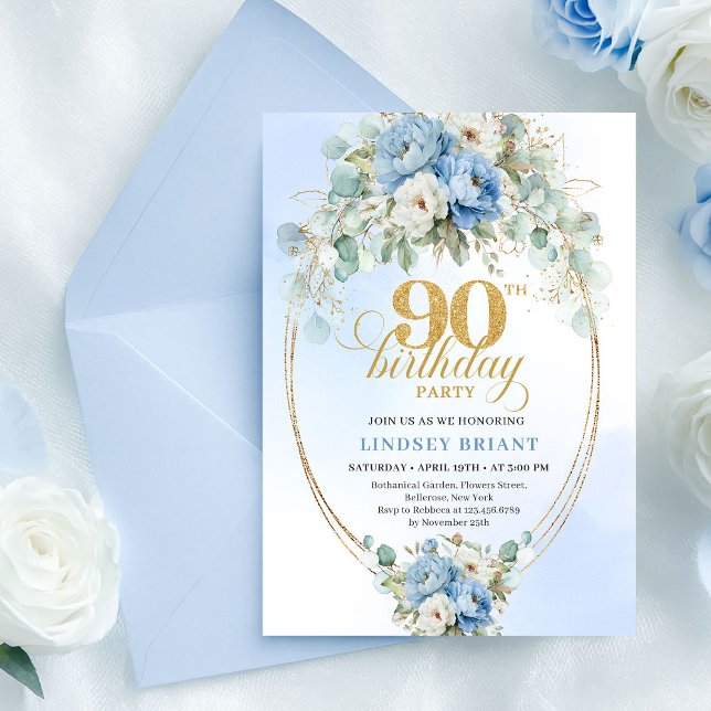 Invitación Elegant Boho Blue Peonies 90th Birthday Invitation (Elegant Boho Blue Peonies 90th Birthday Invitation)