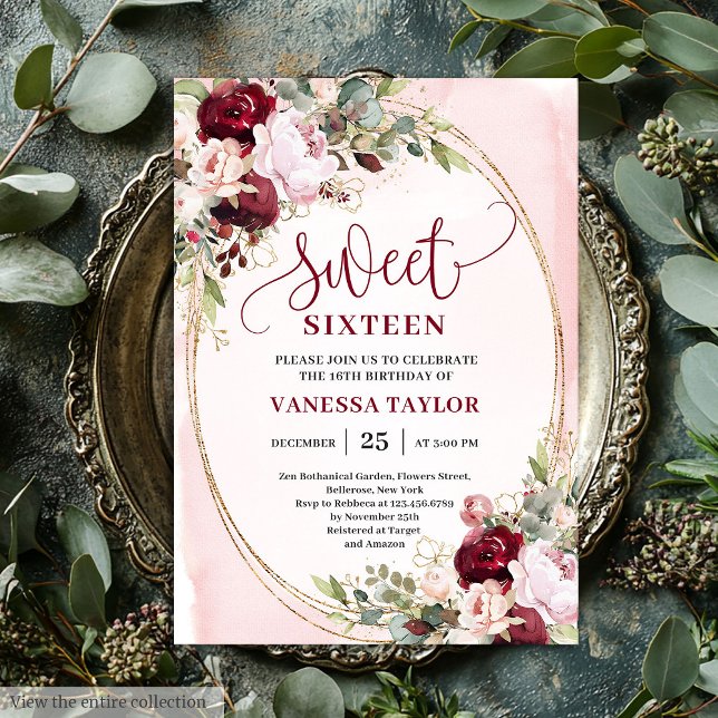 Invitación Elegant Boho Blush Burgundy Floral Sweet Sixteen  (Elegant Boho Blush Burgundy Floral Sweet Sixteen Invite

)