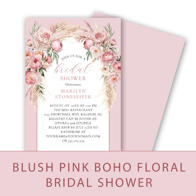 Invitación Elegant Boho Blush Peonies, Pampas Grass Bridal (Subido por el creador)