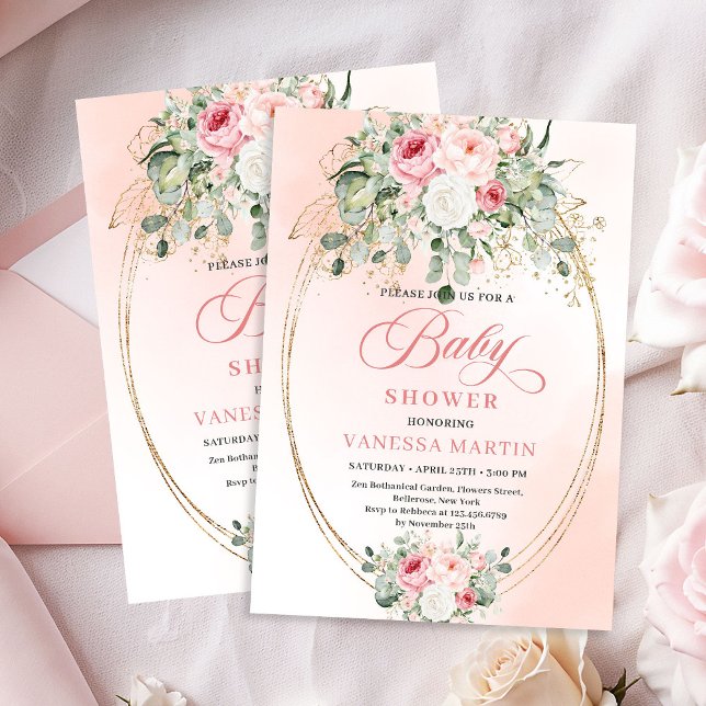 Invitación Elegant Boho Blush Roses Gold Baby Shower Invite (Elegant Boho Blush Roses Gold Baby Shower Invitation)