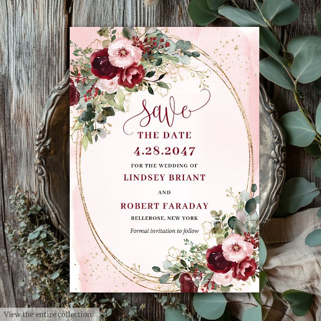 Invitación Elegant Boho Burgundy Blush Gold Floral Save Date (Elegant Boho Burgundy Blush Gold Floral Save Date)