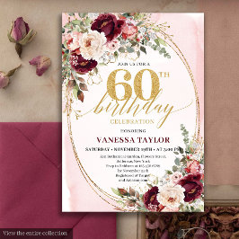 Invitación Elegant Boho Burgundy Blush Roses 60th Birthday