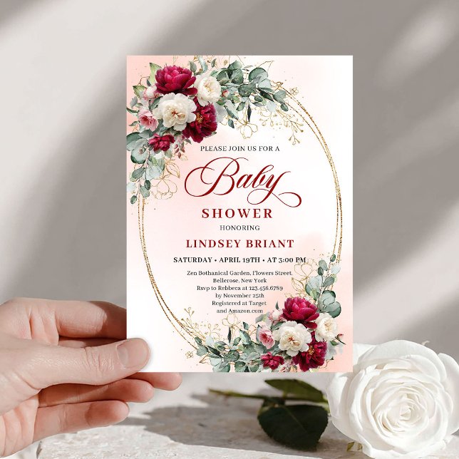 Invitación Elegant Boho Burgundy Gold Baby Shower Invitation (Elegant Boho Burgundy Gold Baby Shower Invitation)