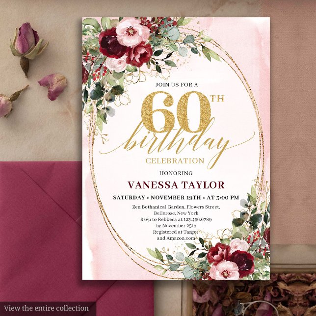 Invitación Elegant Boho Burgundy Gold Floral 60th Birthday (Elegant Boho Burgundy Gold Floral 60th Birthday)