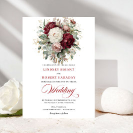 Invitación Elegant Boho Burgundy White Floral Gold Wedding