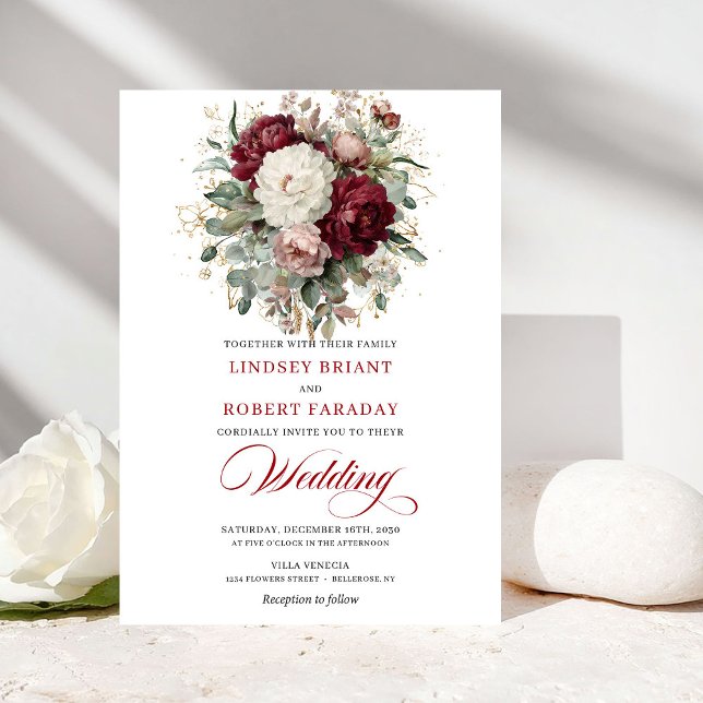 Invitación Elegant Boho Burgundy White Floral Gold Wedding  (Elegant Boho Burgundy White Floral Gold Wedding Invitation)