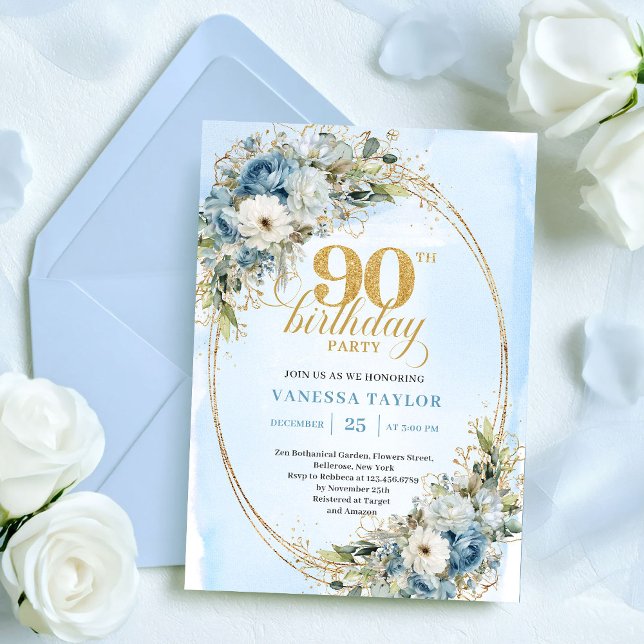 Invitación Elegant Boho Dusty Blue Floral Gold 90th Birthday (Elegant Boho Dusty Blue Floral Gold 90th Birthday Invitation)