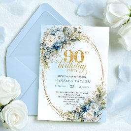 Invitación Elegant Boho Dusty Blue Floral Gold 90th Birthday
