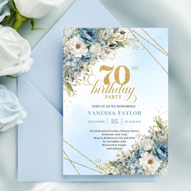 Invitación Elegant boho dusty blue florals gold frame 70th  (Elegant boho dusty blue florals gold frame 70th birthday

)