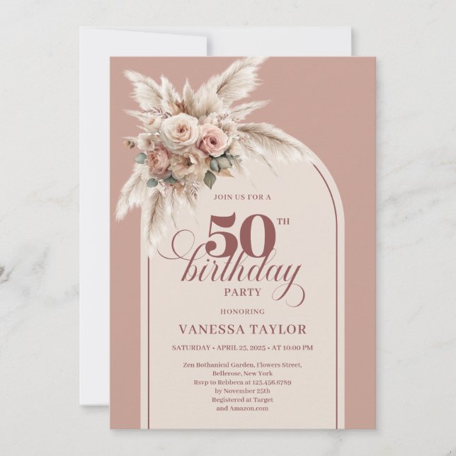 Invitación Elegant Boho Dusty Pink Pampas Floral 50 Birthday (Anverso)